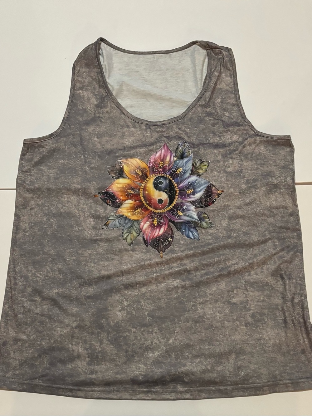 SHEIN Gray Tie-Dye Tank with Multicolor Floral Yin Yang Graphic